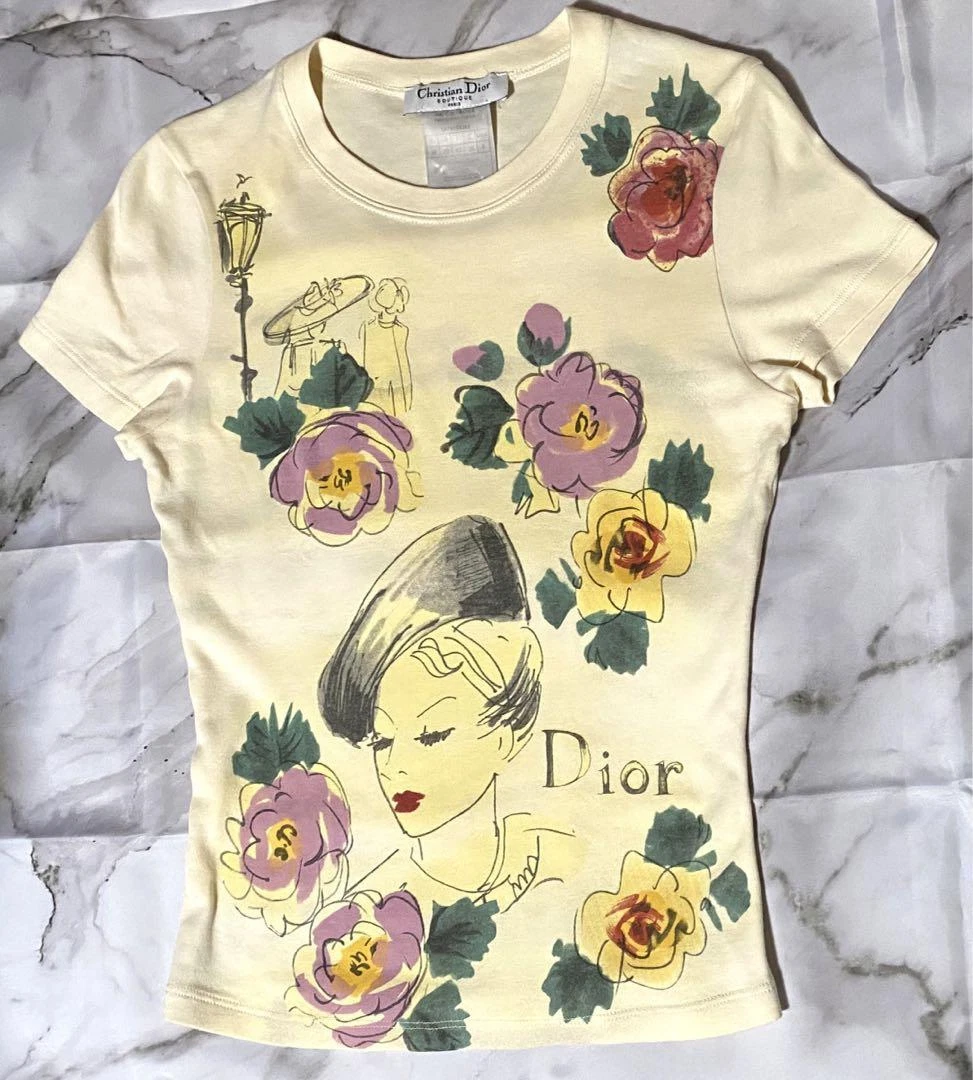 Christian Dior Logo Short Sleeve T-Shirt Tops Women F 38 Cream