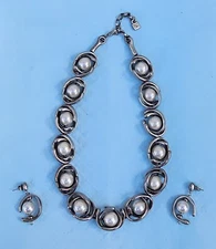 Uno de 50 DOUBLE MOON Necklace Silver Plated 13 Pearls W/ Matching Earrings 18"