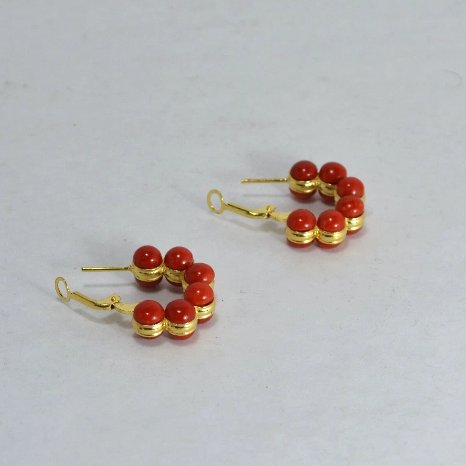 ORECCHINI ARGENTO 925 DORATO CORALLO ROSSO BOTTONE 6 mm MONACHINA AGHT 0966 D - Immagine 2 di 3