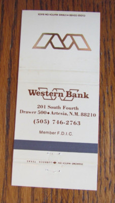 ARTESIA, NEW MEXICO MATCHBOOK COVER: WESTERN BANK EMPTY MATCHCOVER -D