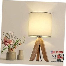 Small Bedside Table Lamp - Wooden Tripod Nightstand Lamp for Bedroom, White