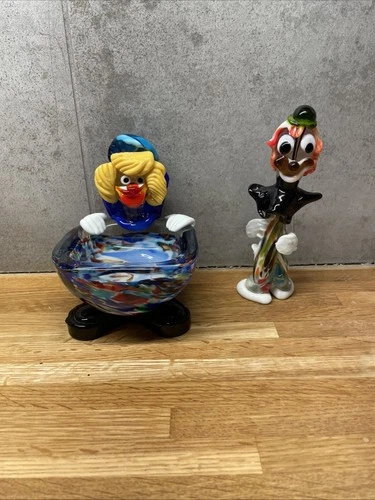 Vintage Hand-blown Murano Glass Clown Bawl  And Clown Figurine Multicolor