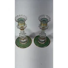 Vintage Venetian Glass Candlesticks Green Gold Trim Murano Style Set of 2 5.75"