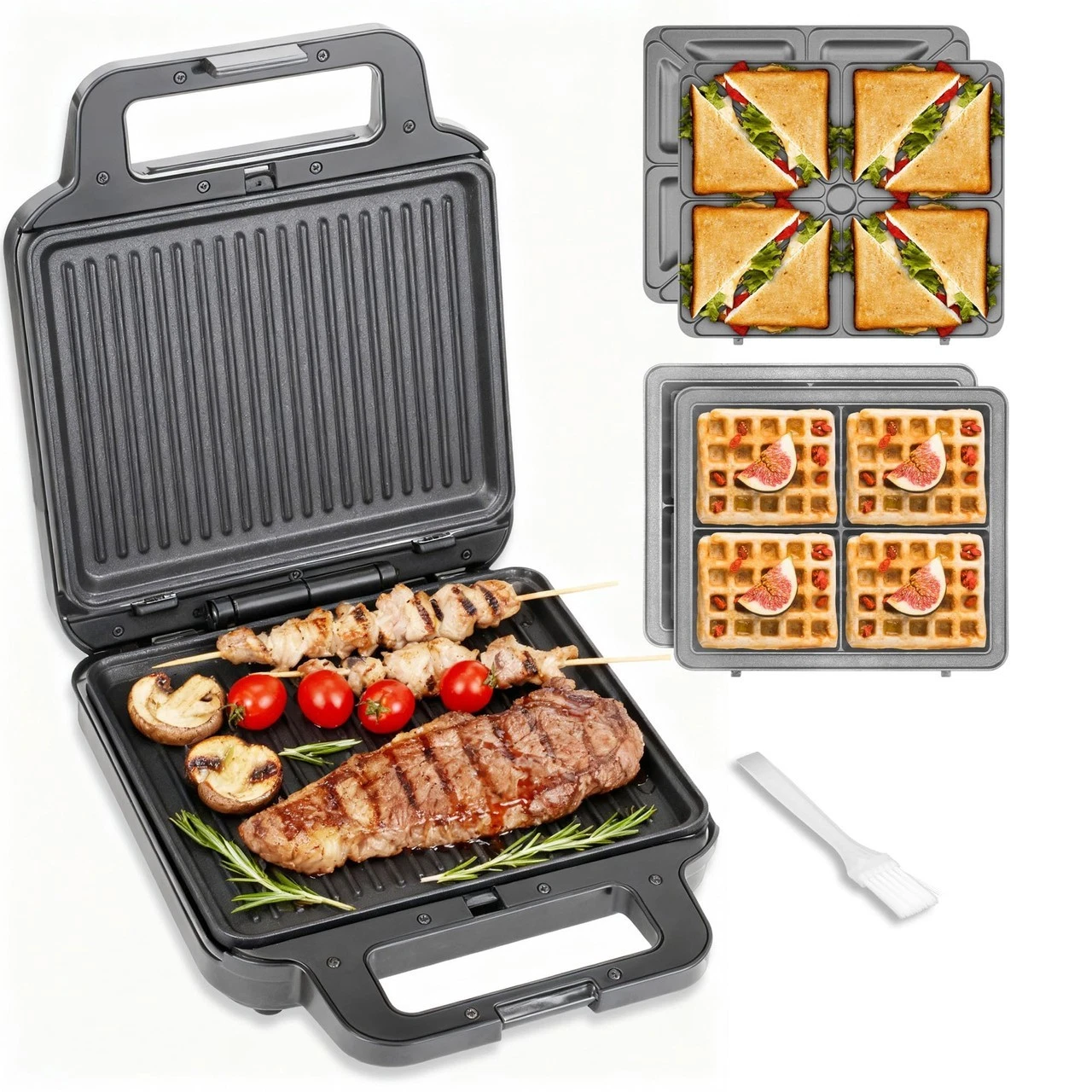 FineMade 3 in 1 Panini Grill Press with 3 Removable Plates, Breakfast Sandwich M