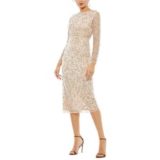 Mac Duggal Nude Long Sleeve Sheath Dress 10812, Silver Beading, Midi Formal, 12