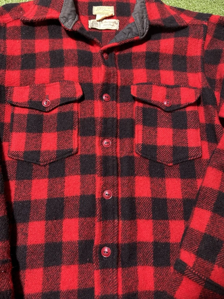 Vintage 50s LL Bean Flannel Shirt Jacket Heavy Wool M Hunting Buffalo Red Black - Image 3 of 4