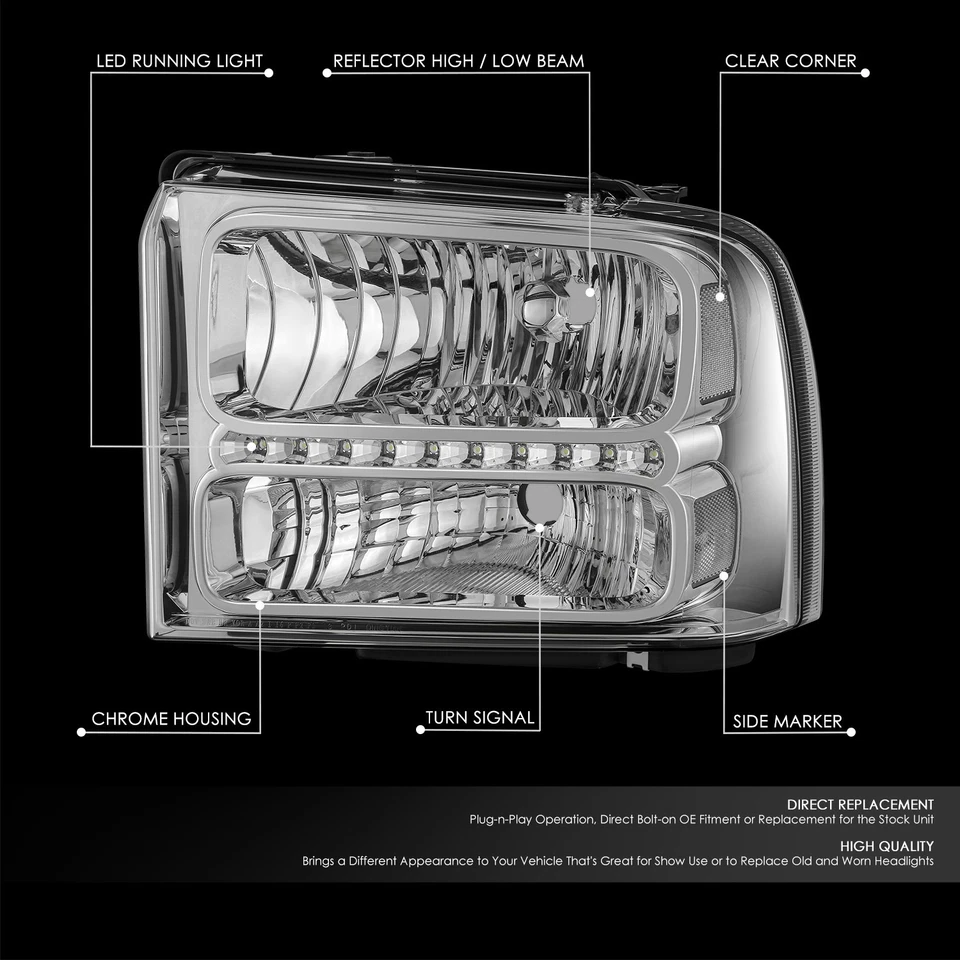 Faros LED DRL cromados/transparentes para Ford F250 F350 Super Duty 2005-2007 Foto 2 de 4