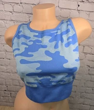 Maxxim XL Blue Camo Ribbed Cami Halter Sports Bra Gym Workout Support Comfort