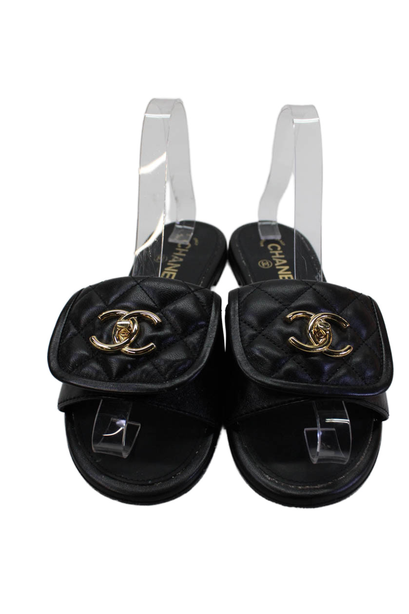 Chanel Womens Quilted Leather CC Turnlock Slide Sandals Black Size 37.5 thumbnail 2
