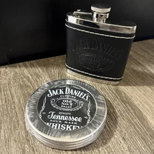 Jack Daniels Old No. 7 Flask & Set of 4 Metal Coasters Tennessee Whiskey Bar Set