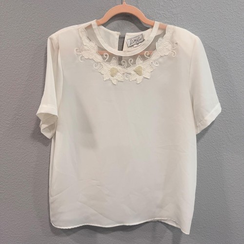 VTG Kathy Che Womens 12 Ivory Floral Embroidered Pearl Mesh Neckline Blouse