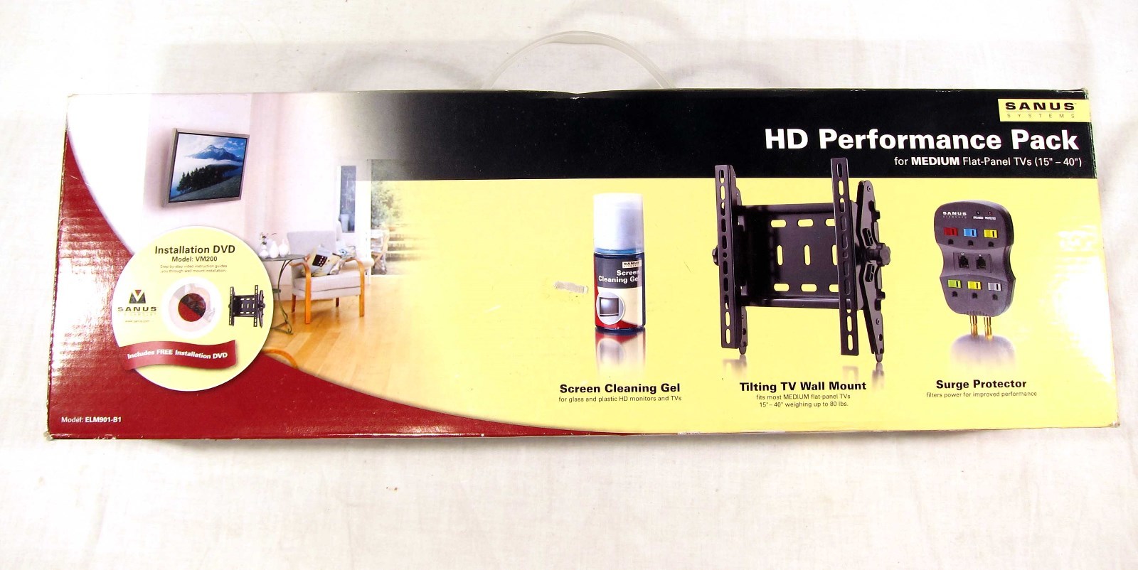 New Sanus ELM901-B1 Tilting TV Wall Mount 15" to 40" Surge Protector Cleaner Kit