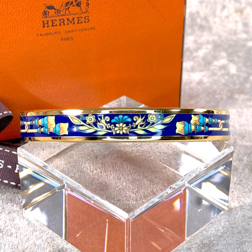 Vintage Hermes Paris Bangle Bracelet Navy Enamel Gold Rim Size 70 with Box