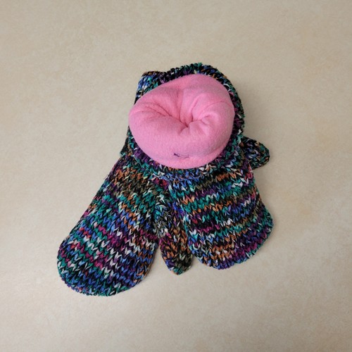Black multi color fleece lined upcycled sweater mittens size large (400) - Picture 4 of 4