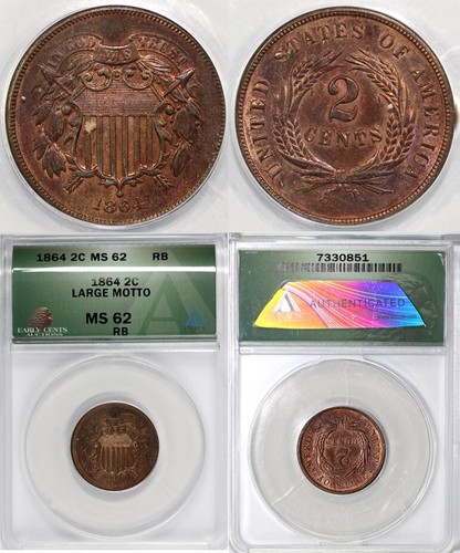 1864 2c Large Motto Two Cent Piece ANACS MS 62 RB - Picture 5 of 5