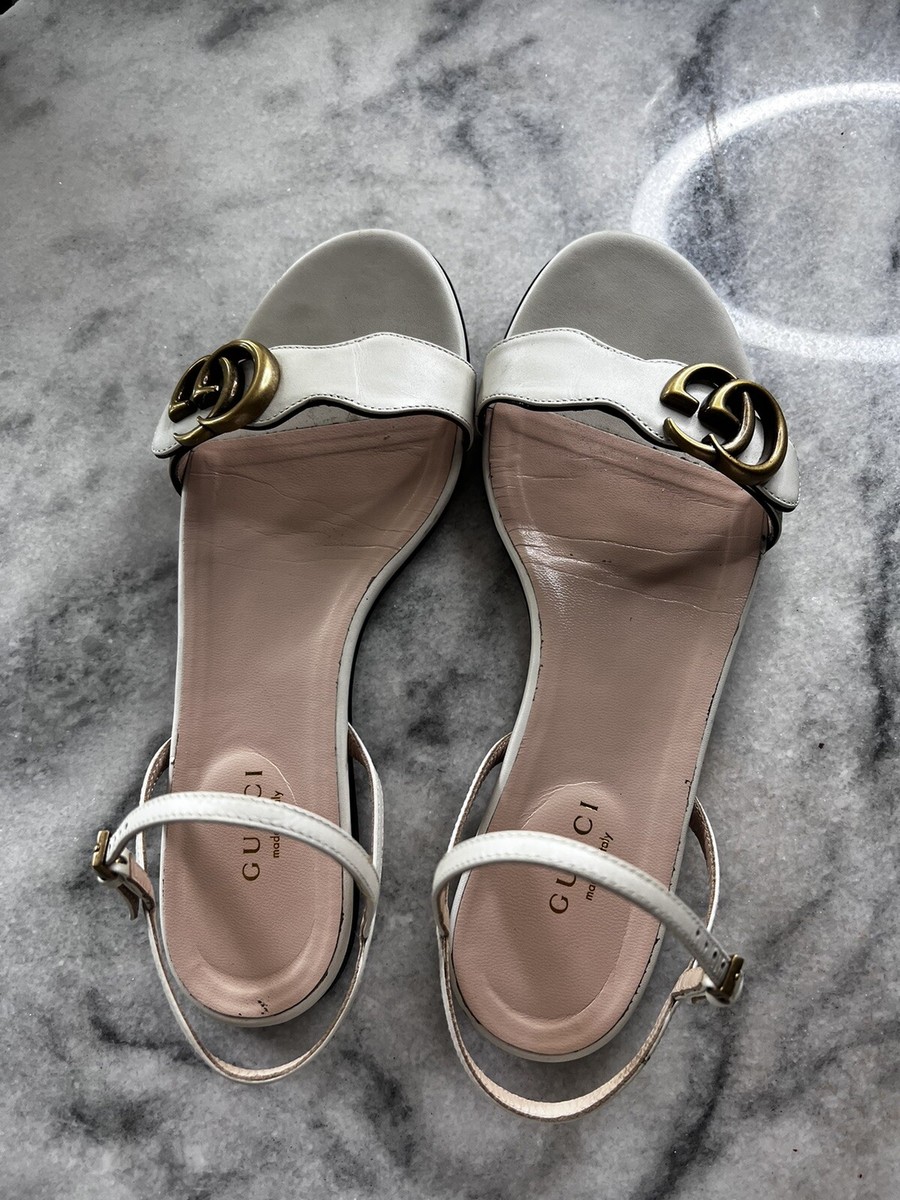 Gucci Shoes GG Gold Logo Marmont Ivory / Cream Leather Flat