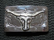 SMALL WESTERN LONGHORN BULL COW BELT BUCKLE VINTAGE RARE 1980s HONG KONG 