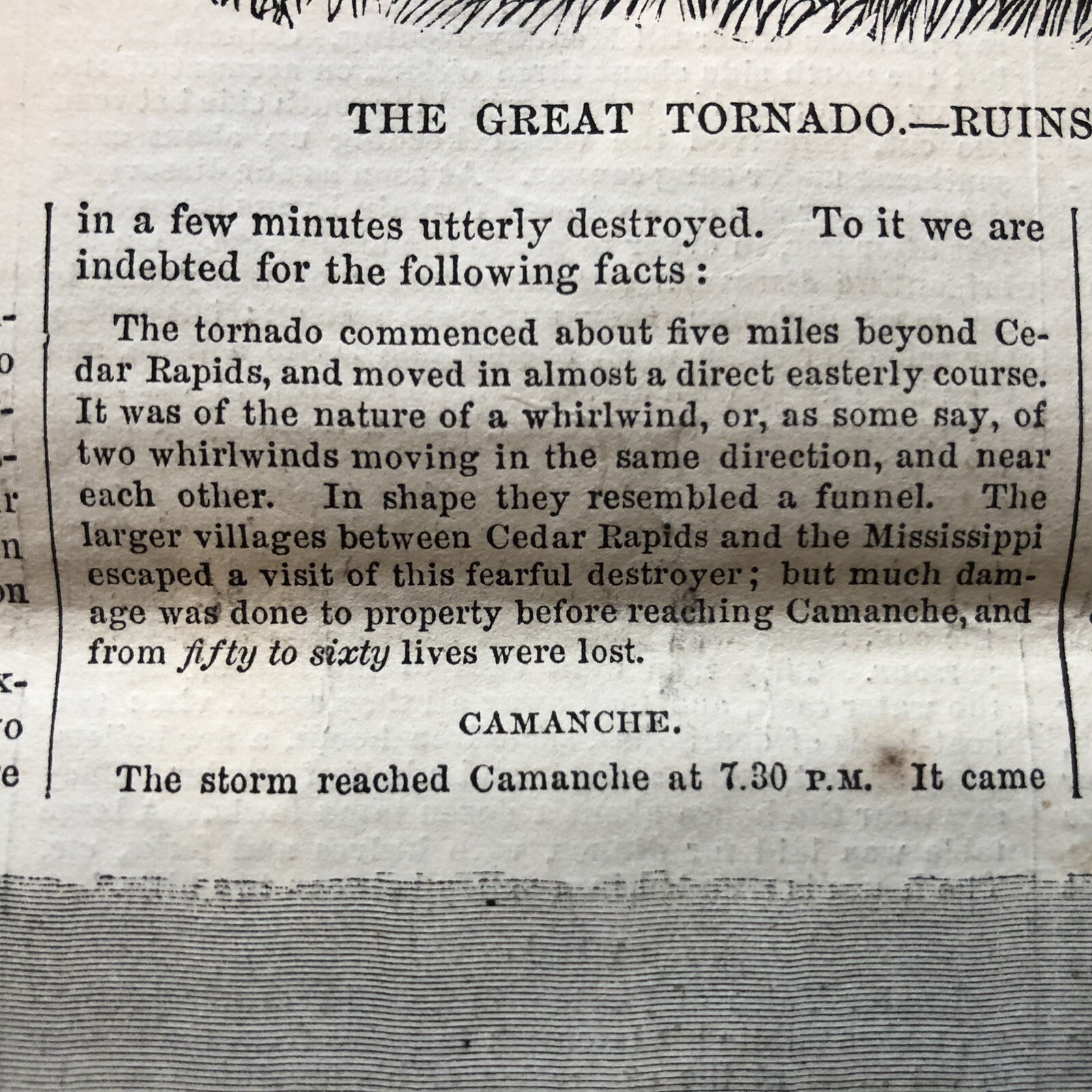 1860 newspaper GREAT TORNADO DESTROYS COMANCHE IOWA Albany Illinois