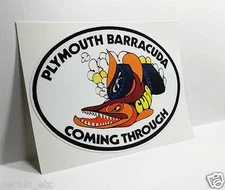 PLYMOUTH BARRACUDA COMING THROUGH Vintage Style DECAL / STICKER, mopar, racing