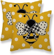 Yellow Bee Pillow Covers 16x16 Set of 2 Polka Dots Outdoor Decorative Throw P...