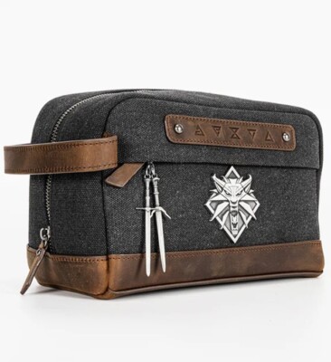 The Witcher White Wolf Travel Dopp Pouch Bag Canvas + School Sword Metal Plates