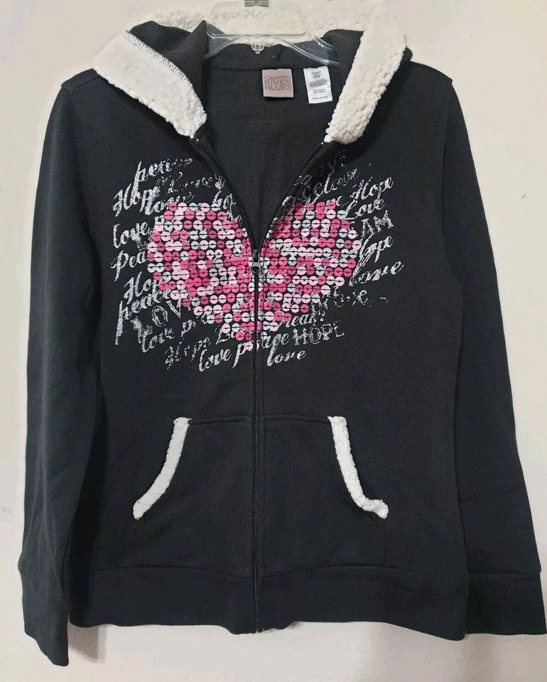 NUEVO CON ETIQUETAS Chaqueta con Capucha Canyon River Niñas Cremallera Completa Piel Love Peace L 14 1/2-16 1/2 Foto 3 de 4