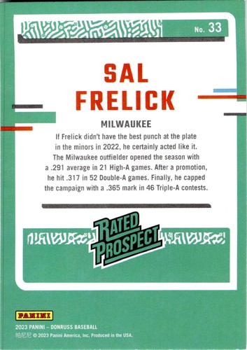 2023 Donruss #33 Sal Frelick - Milwaukee Brewers - Rated Prospect - 第 2/2 張圖片