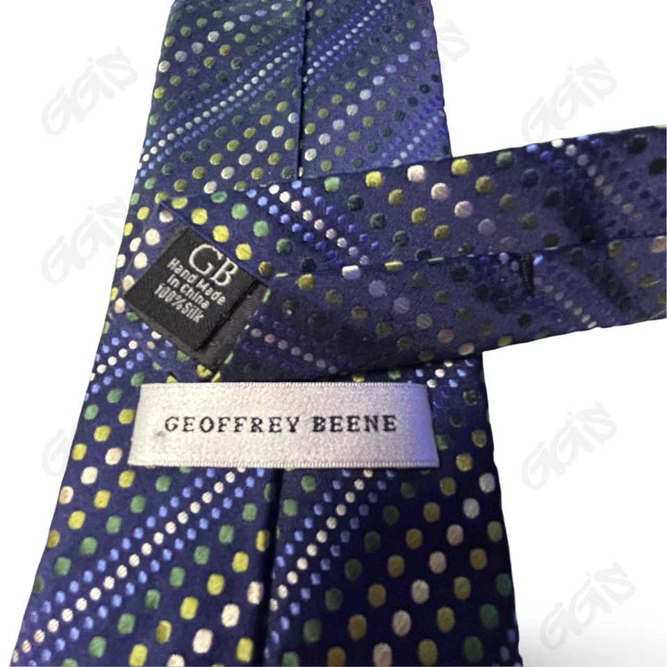 Impresionante corbata Geoffrey Beene para hombre L 60" W 4" hecha a mano 100 % seda azul con puntos Foto 3 de 4