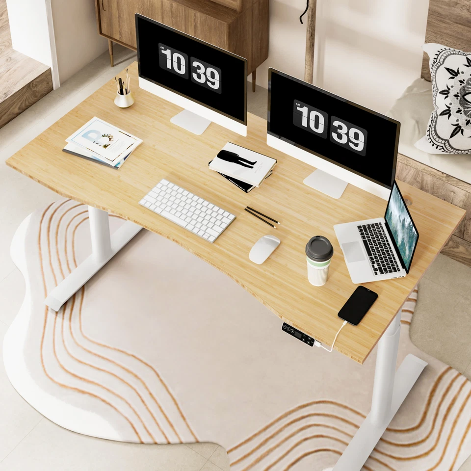 FLEXISPOT 3-Stage Dual-Motor Standing Desk Curved Bamboo Top with USB Port - Image 3 of 4