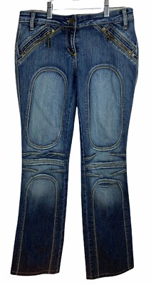 Womens AMNESIA Paris Biker Bootcut Blue Denim Jeans Size 28 Zipper Pockets  SWEET