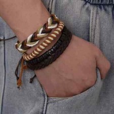 2022 Leather Wrap Braided Wristband Bangle bracelet - Black - seed beads 
