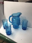 1970s Vintage Electric Blue Anchor Hocking Rainflower CFlower Tumblers & Pitcher