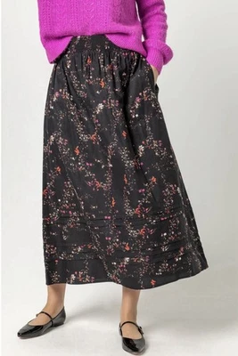 Lilla P NWT size Medium Black Floral Printed Woven Pleated Hem Midi Skirt - Image 1 of 4