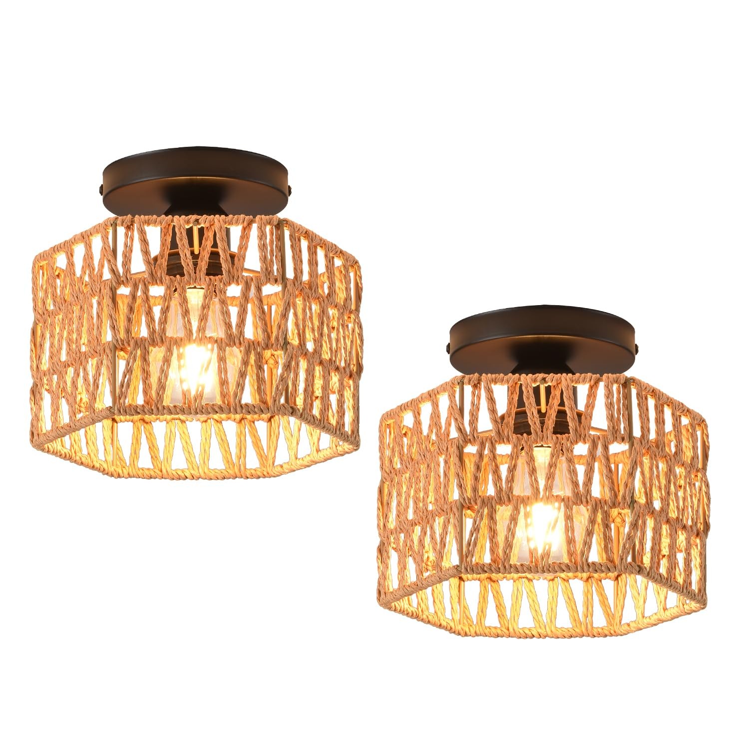 Hand-Woven Rattan Flush Mount Ceiling Light,Farmhouse Light Fixtures Ceiling ...
