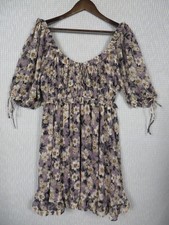 En Saison Dress Womens Large Purple Floral Chiffon Smocked Ruffle Mini Sundress