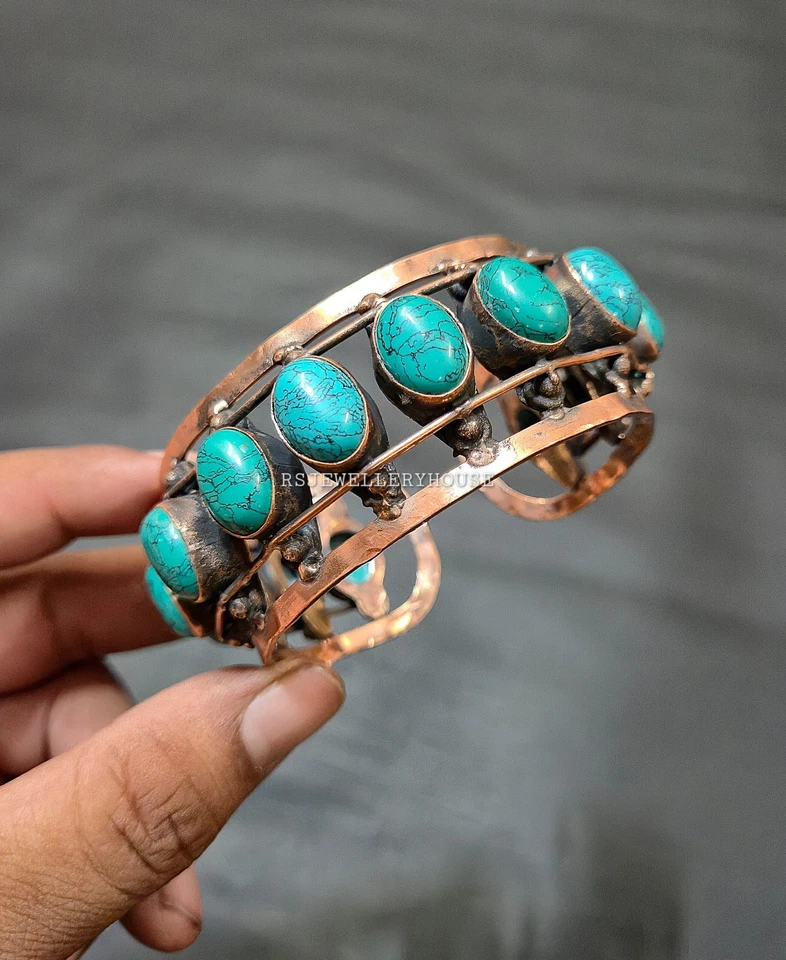 Linda pulseira de pedra preciosa turquesa com fio de cobre bracelete ajustável - Imagem 3 de 4