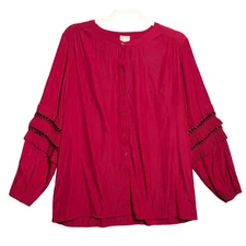 Chicos Sz 2 Large Button Front Blouse Ruffle Sleeve Wooden Beads Fuchsia Boho