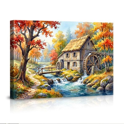 Autumn Watermill Canvas Poster Wall Art Vintage Mill Landscape Home Decor