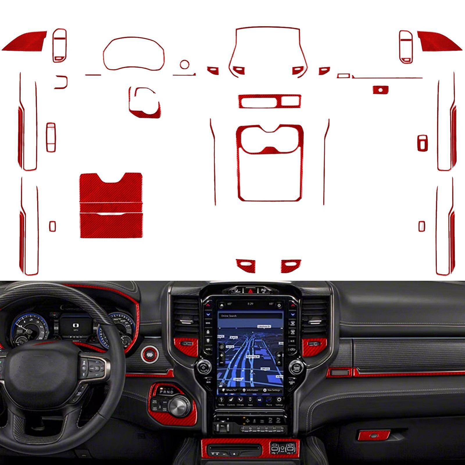60Pcs Red Carbon Fiber Kits Full Interior Trim For RAM 1500 2500 3500 2020-2024