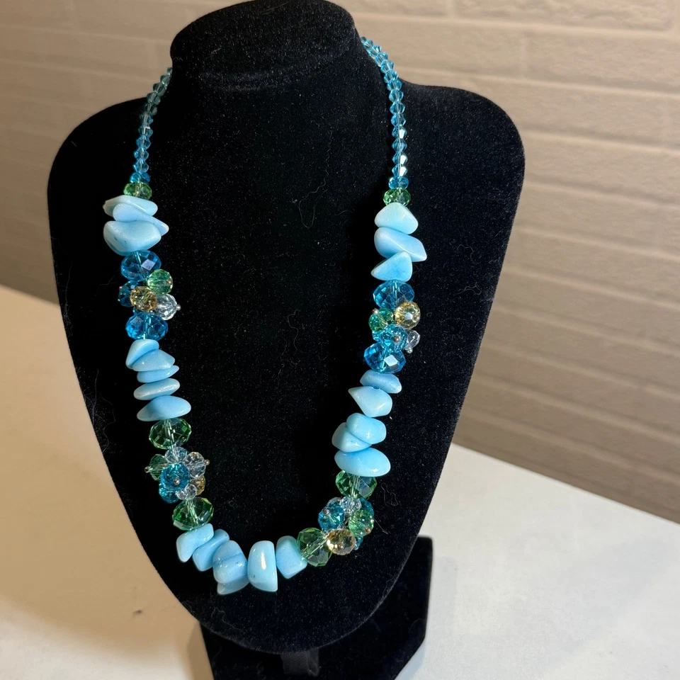 Colar de contas de pedra azul-petróleo flor turquesa verde cristal joias com destaque - Imagem 3 de 4