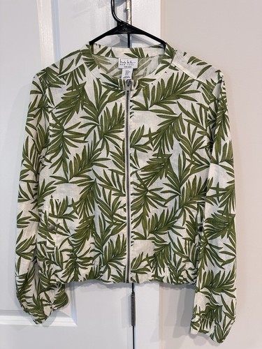 Nicole Miller New York Women's Tropical Floral Linen Bomber Jacket Full Zip M
