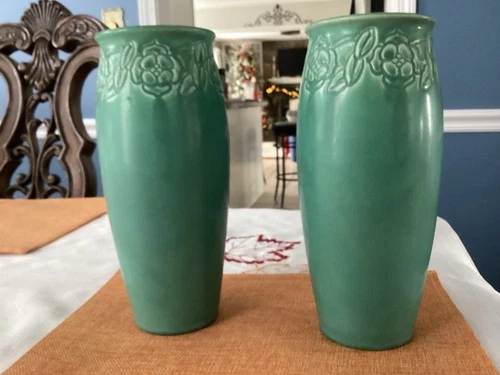 TWO 1928  ROOKWOOD POTTERY 8-1/2" TALL BLUE/GREEN FLORAL VASE XXV111 #2479 EXC