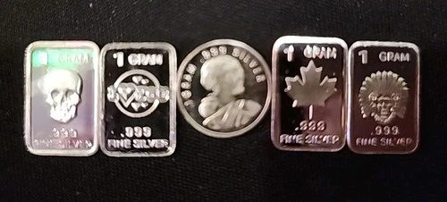 5 x 1 Gram .999 Fine Silver Bars and Round Lot Assorted Designs. Unique & Fun:)