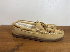 Minnetonka 3901 Tan Suede Leather Moccasin Slippers Faux Fur Lined Men's 10 US