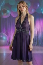 Adrianna Papell Silk Beaded Halter Cocktail Dress Womens Size 8P Purple