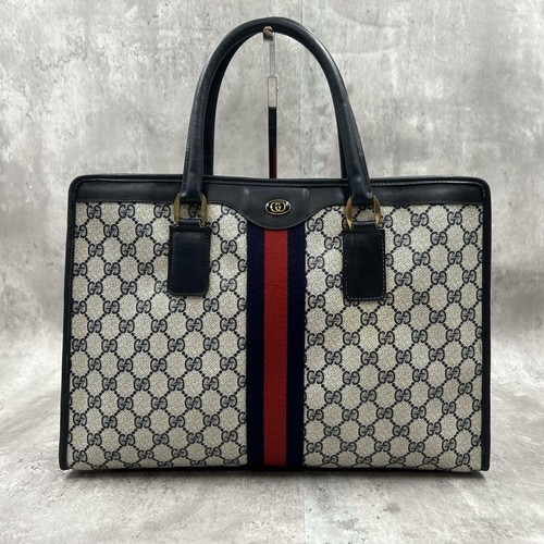 Gucci Tote Bag GG Supreme Sherry Line PVC Pelle Navy Usata Autentica Ottima GIAPPONE - Foto 2 di 24