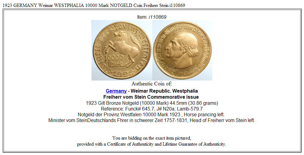 1923 GERMANY Weimar WESTPHALIA 10000 Mark NOTGELD Coin Freiherr
