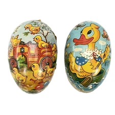 German Paper Mache Easter Egg Candy Container Vintage Duck Boat Chicks Bugs 4.5"