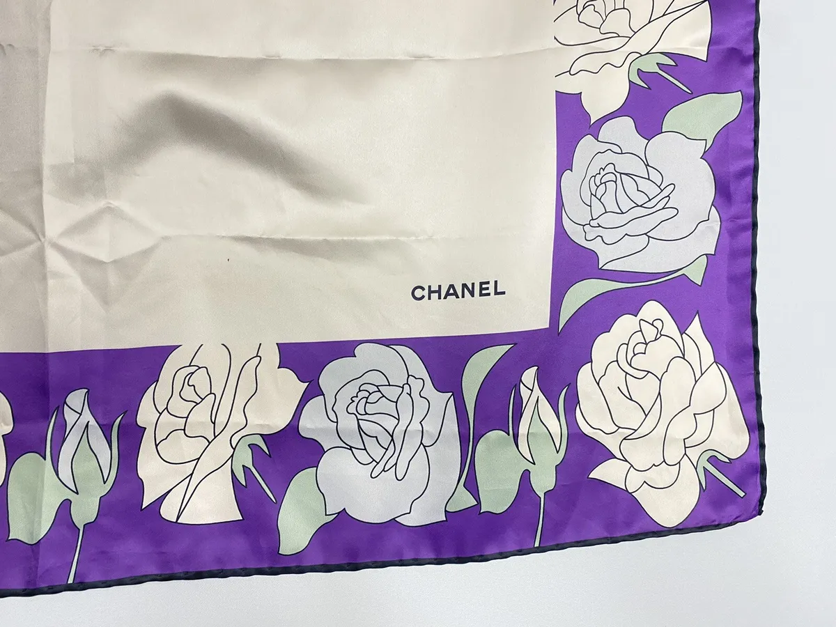 Vintage Chanel Silk Scarf Camellia Purple