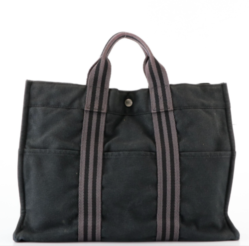 Hermes Fourre Tout MM Tote Bag Black Cotton Canvas Handbag GUC France - Afbeelding 1 van 12